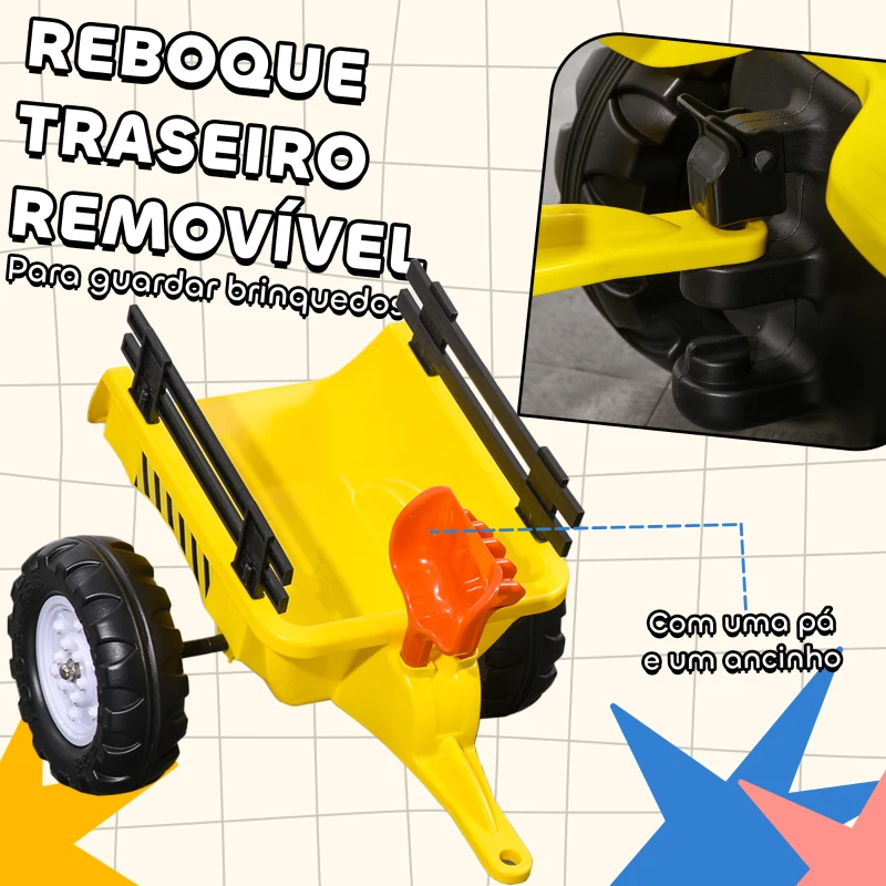 HOMCOM Trator a Pedais para Crianças acima de 3 Anos Trator com Reboque de Pedais para Crianças com Acessórios 133x42x51 cm Amarelo e Preto