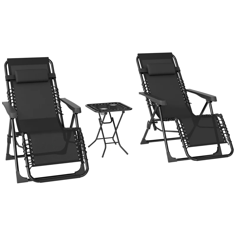 Outsunny Lot de 2 chaise longue pliable et inclinable avec table d'appoint, porte-gobelets et appuie-têtes, charge 120 kg, noir