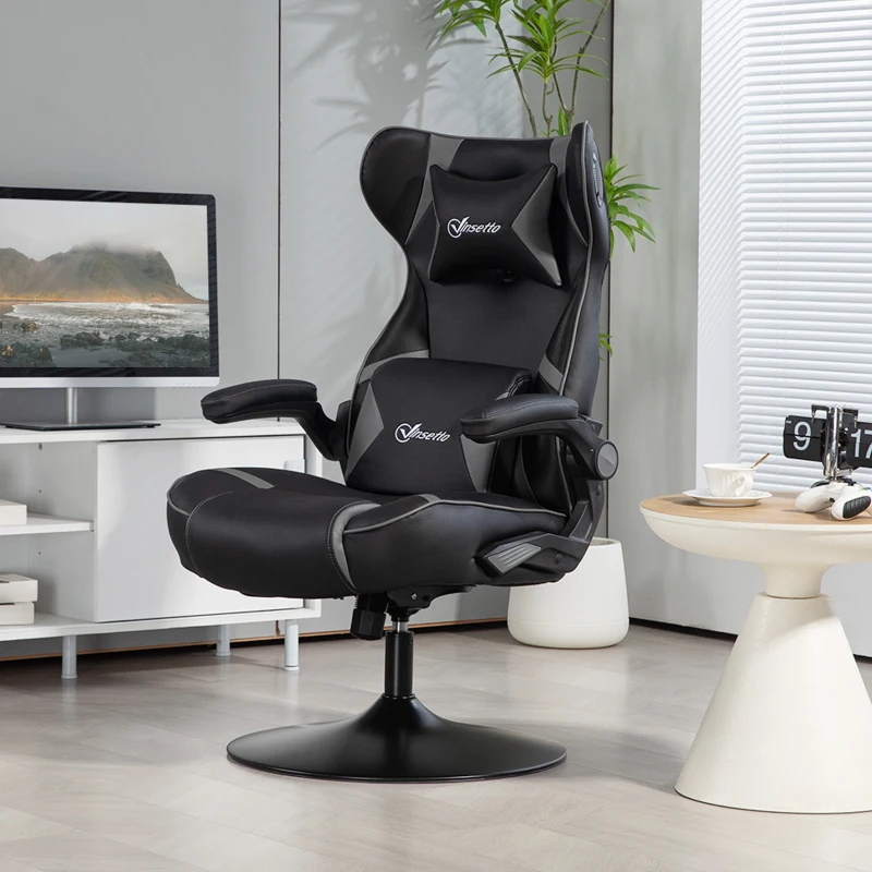Vinsetto Gaming Stuhl mit Schaukelfunktion und Lautsprecher, Lenden- und Nackenstütze, für Spielzimmer, Kunstleder, Grau+Schwarz