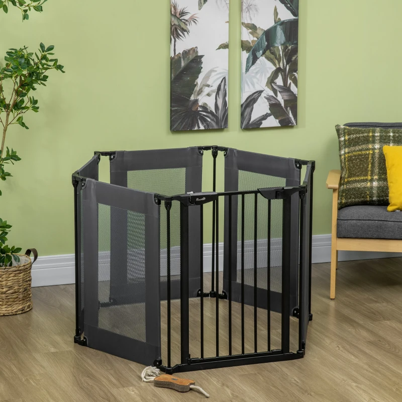 PawHut Parque Dobrável para Cães de 6 Painéis Barreira de Segurança com Sistema de Fechamento Automático 117x103x74cm Preto