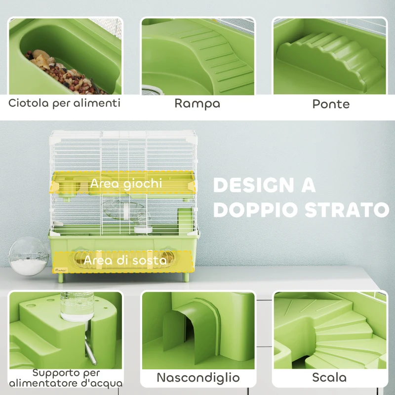 PawHut Gabbia per Criceti a 2 Livelli e 3 Porte con Ruota e Tubi, in Acciaio, PS e PP, 44.5x28x44 cm, Verde e Bianco