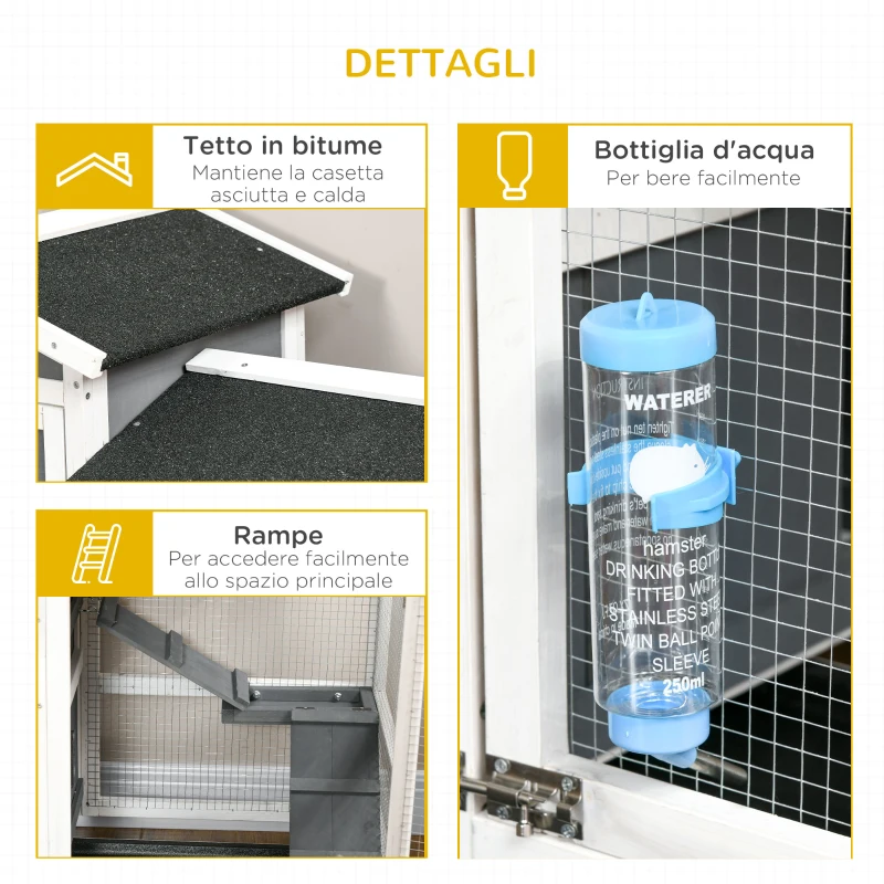 PawHut Conigliera da Esterno per 2 Conigli in Legno con Vassoio Estraibile e Area di Corsa, 110x60x104 cm