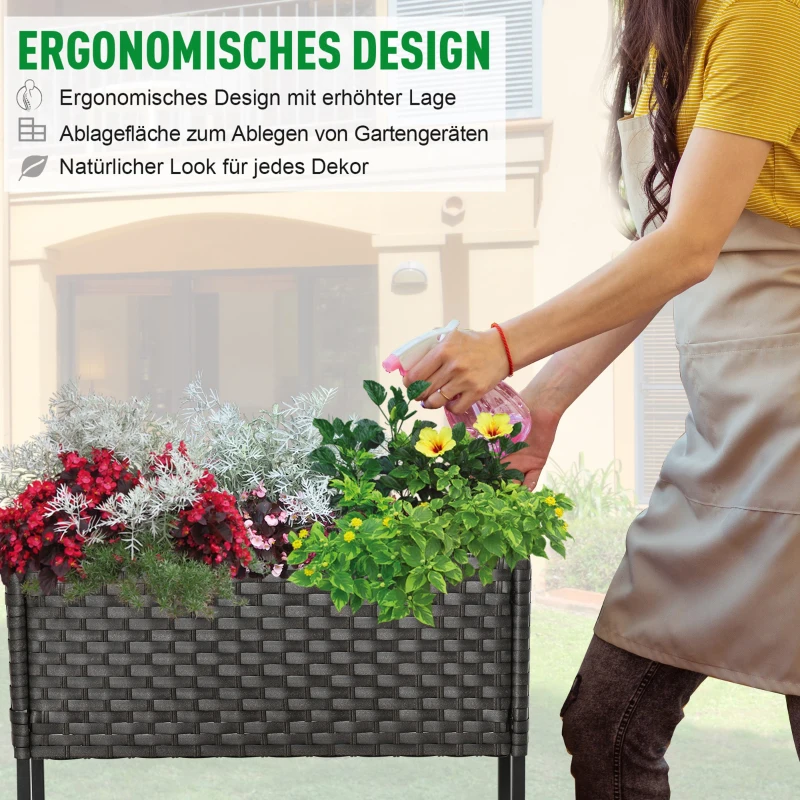 Outsunny Hochbeet, Blumenkasten, tiefe Ablage, Metallrahmen/Polyrattan, 70 x 30 x 70 cm, Dunkelbraun