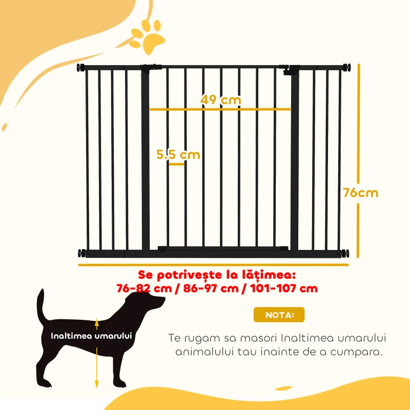 PawHut Poartă pentru câini extensibilă până la 147 cm cu șuruburi și deschidere largă, din metal și plastic, 76A cm, negru