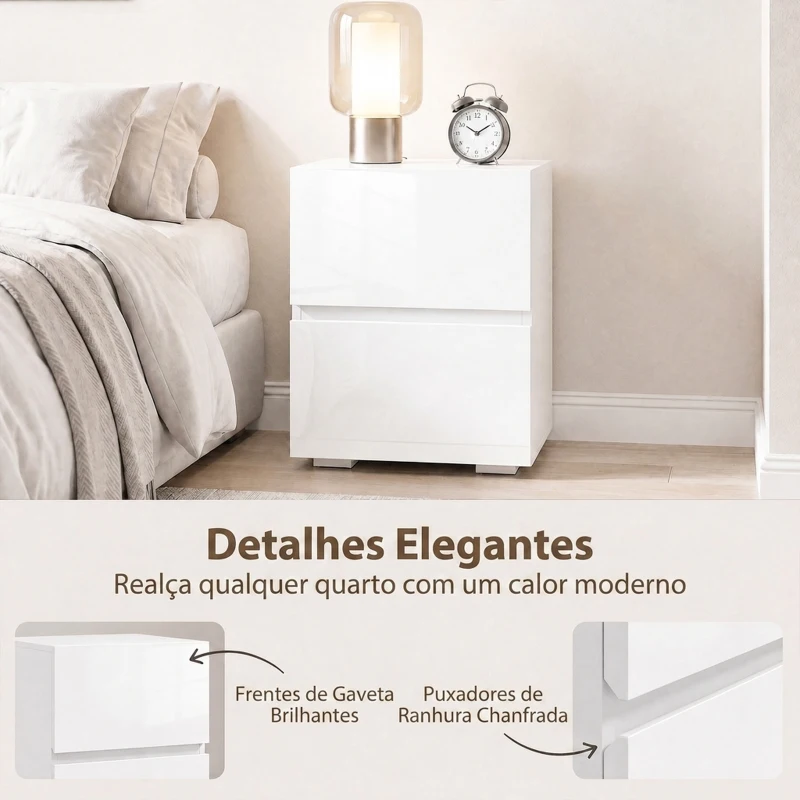 HOMCOM Conjunto de 2 Mesas de Cabeceira Estreitas com 2 Gavetas e Frentes em Alto Brilho, Branco