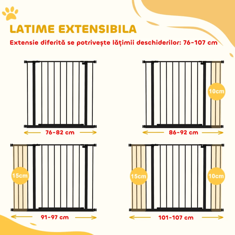 PawHut Poartă pentru câini extensibilă până la 147 cm cu șuruburi și deschidere largă, din metal și plastic, 76A cm, negru