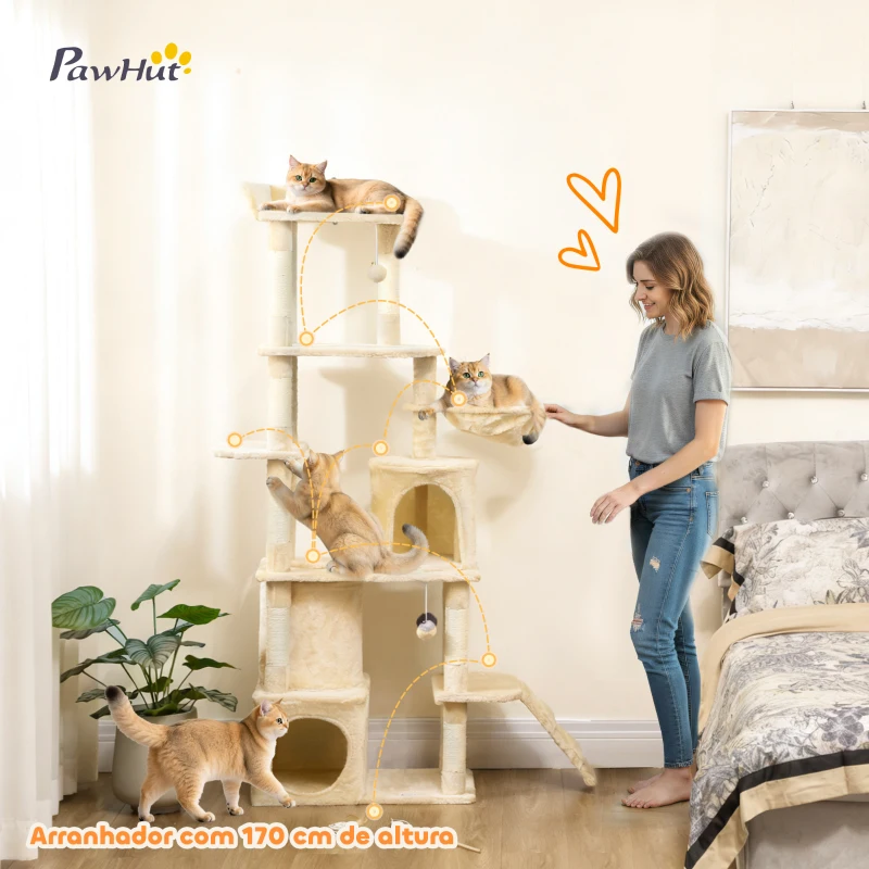 PawHut Arranhador para Gatos Grande com 7 Postes 1 Túnel 3 Plataformas 2 Cavernas 1 Rede 1 Poleiro 1 Rampa Pompons 60x40x170 cm Bege
