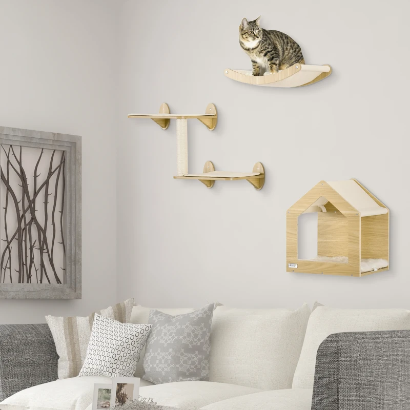 PawHut Prateleiras de Parede para Gatos 3 Peças com Caverna Rede Plataforma e Poste de Sisal Carvalho