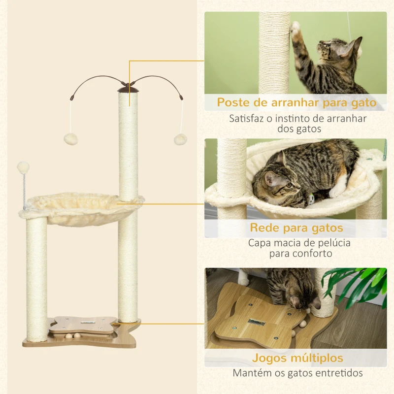 PawHut Árvore Arranhador para Gatos com Rede Postes de Sisal com Bolas Suspensas Giratórias e Múltiplos Jogos 53,5x53,5x90cm Bege