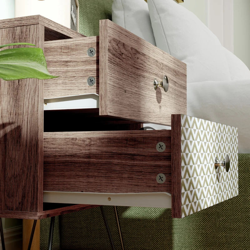 HOMCOM Mesa de Cabeceira com 2 Gavetas Pés de Aço Estilo Boémio Mesa de Cabeceira para Quarto Sala de Estar 45x39x55,5 cm Marrom