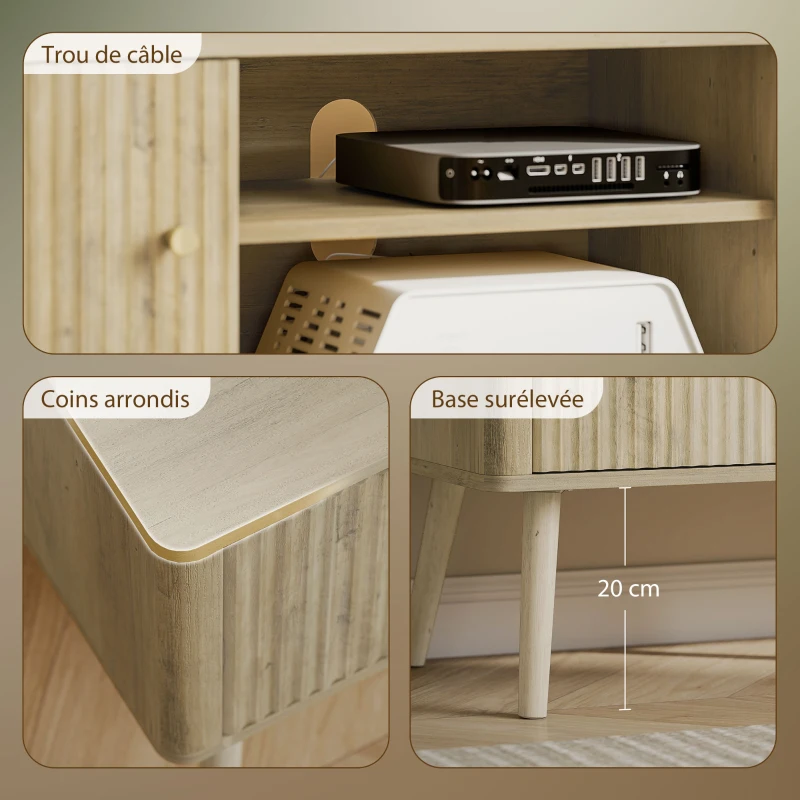 HOMCOM Meuble TV, meuble télé jusqu'à 65 pouces avec 2 portes, 2 compartiments ouverts, étagère réglable, 140x35x49cm, chêne