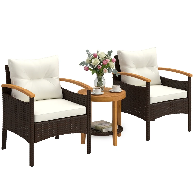 Outsunny Rattan Bistroset 3 teiliges FSC Gartenmöbel-Set mit 2 Sessel, 2-Ebene Holz-Tisch, dicke waschbare Kissen