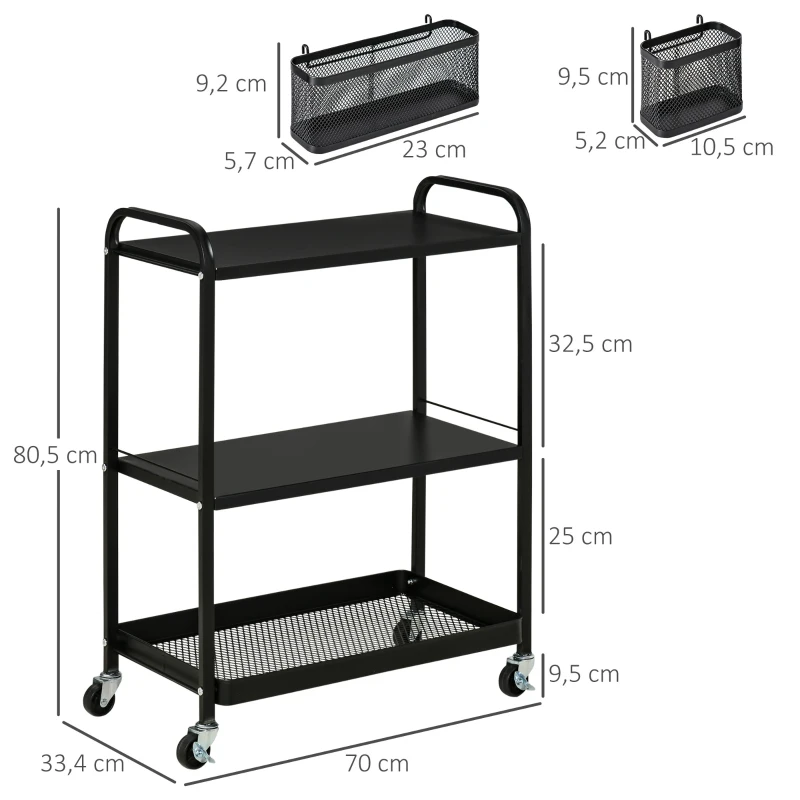 HOMCOM Rollwagen Küchenwagen mit Rollen Küchenregal Metallregal mit 2 Ebenen Badregal Aufbewahrungswagen Servierwagen Stahl Schwarz 70 x 33,4 x 80,5 cm