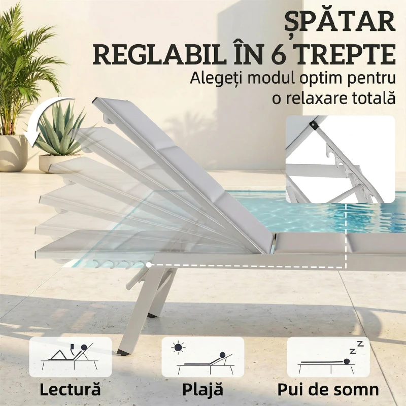 Outsunny Șezlong Căptușit, Spătar 6 Poziții, Cadrul din Aluminiu, Capacitate 120 kg, Gri Deschis