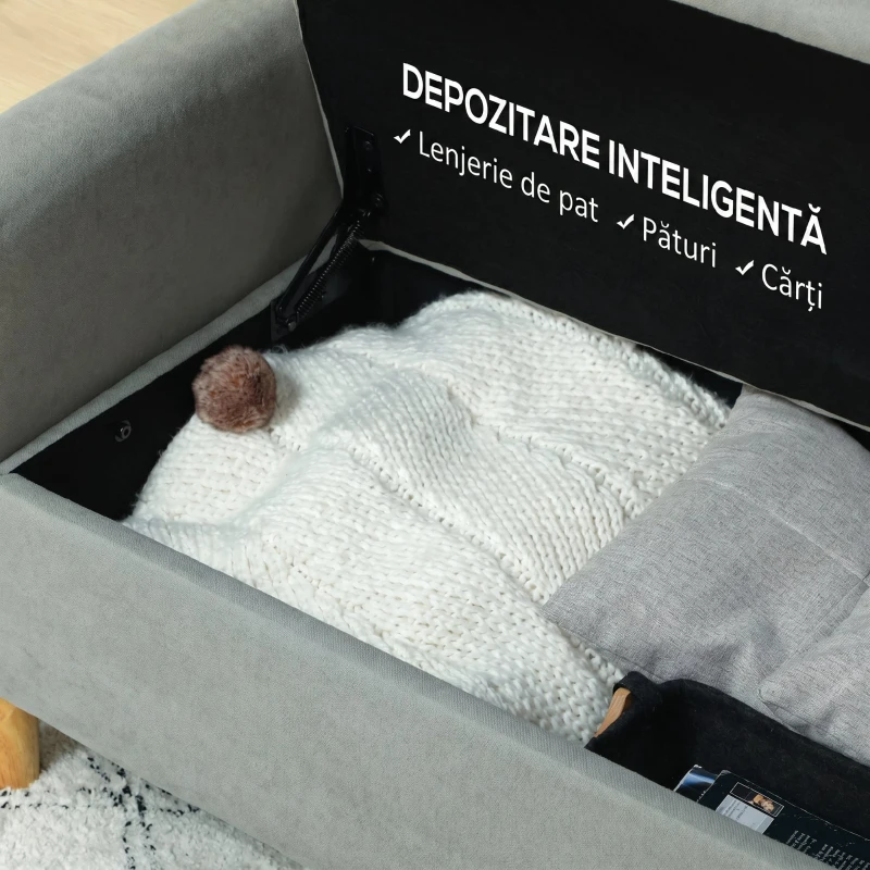 HOMCOM Divan cu 2 Locuri Catifelat cu Compartiment de Depozitare Inferior și Perne, 140x72x82 cm, Gri(m-10)