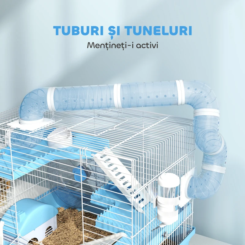 PawHut Cușcă pentru Hamsteri cu 3 Etaje, Căsuță, Roată, Bol pentru Mâncare, Sticluță și Tuburi, Albastru