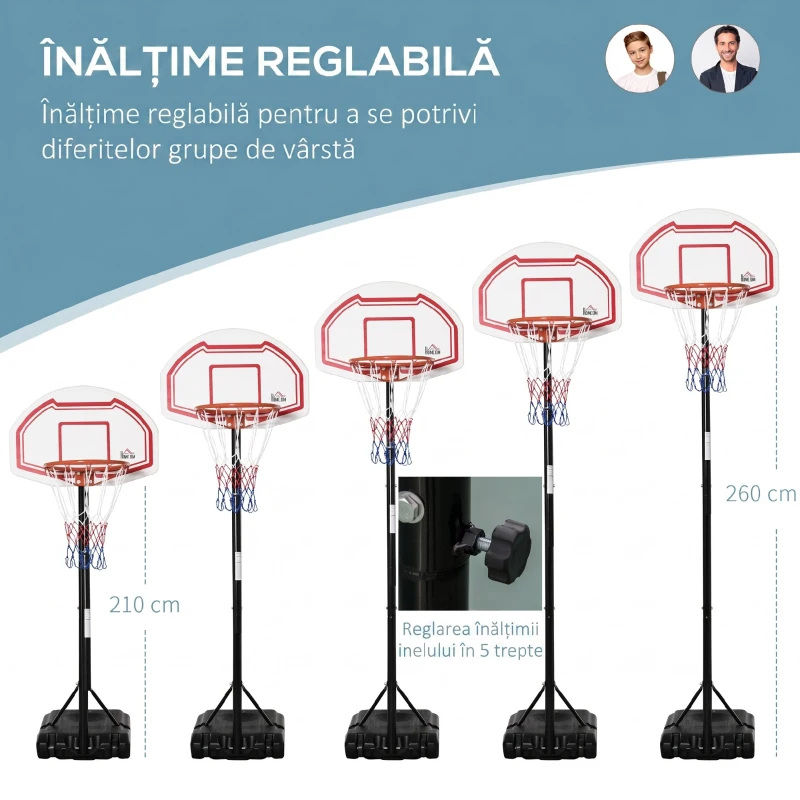 HOMCOM Coș de baschet reglabil pe înălțime, cu bază umplibilă și 2 roți, din oțel, PE și HDPE, 70x45x2 cm