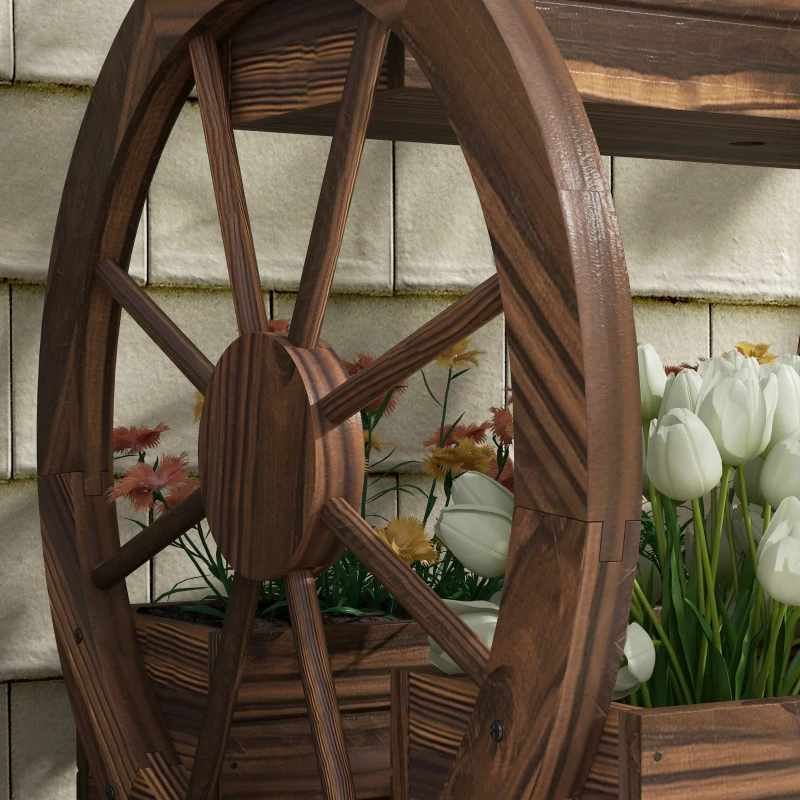 Outsunny Jardinieră în Lemn pentru Exterior pe 2 Nivele cu 3 Ghivece și Roți de Căruță în Stil Rustic, 64x54x60 cm