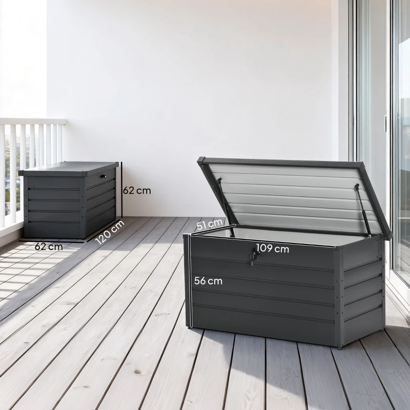 Outsunny Baú de Arrumação Exterior Capacidade 311L  de Aço com Fechadura Chave Pistões Pneumáticos 120x62x62 cm Cinza Escuro