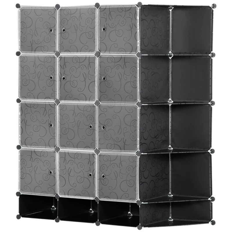 HOMCOM Armário Modular de Plástico Armário Portátil com 16 Cubos e 2 Barras Organizador de Sapatos Roupas Brinquedos para Entrada Corredor Dormitório 145x46x162cm Preto e Branco