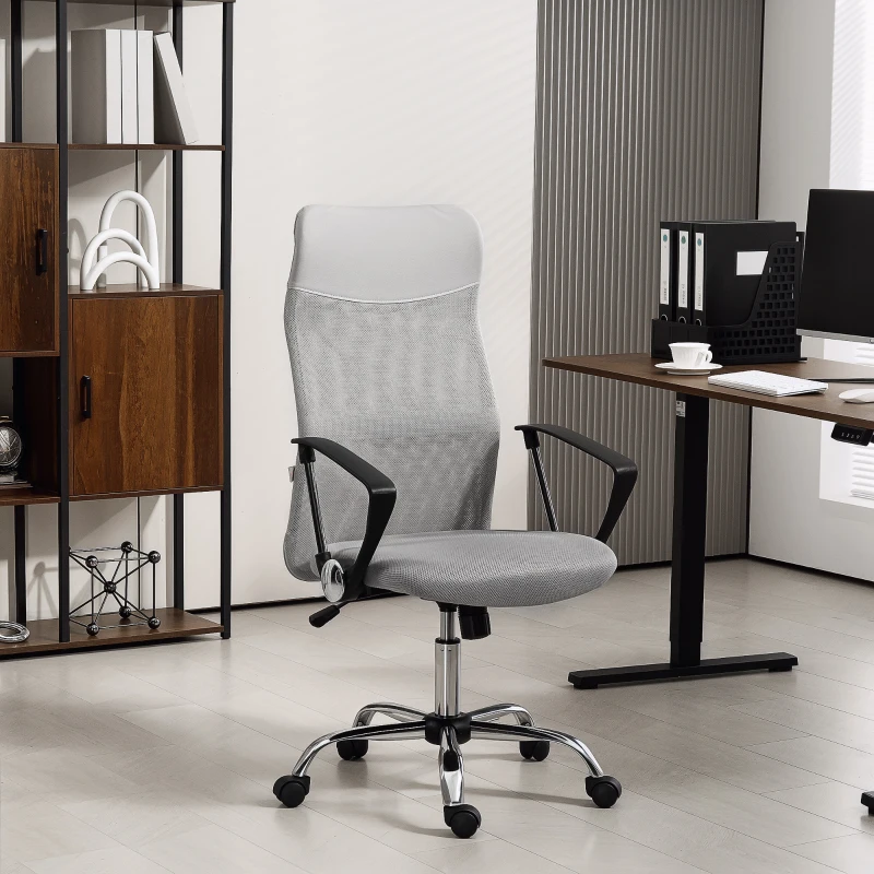 HOMCOM Cadeira de Escritório de Tecido de Malha Encosto para a Cabeça de PU Mecanismo de Inclinação 63x65x109-119 cm Cinza