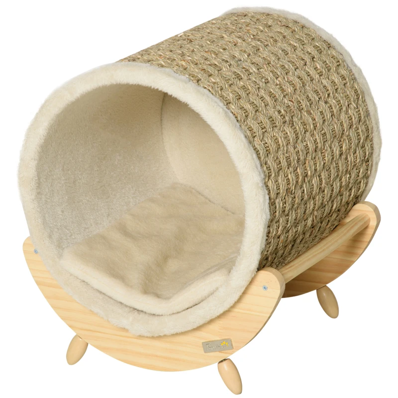 PawHut Cama Elevada para Gatos Caverna para Gatos Tipo Barril com Superfície para Arranhar e Almofada 41x38x43cm Madeira