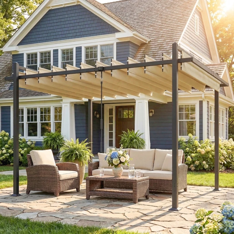Outsunny Pérgola de Jardim 3x3,8 m com Toldo Corrediço Ajustável a 90° Manivela, Estrutura de Alumínio e Aço UPF50+ Bege
