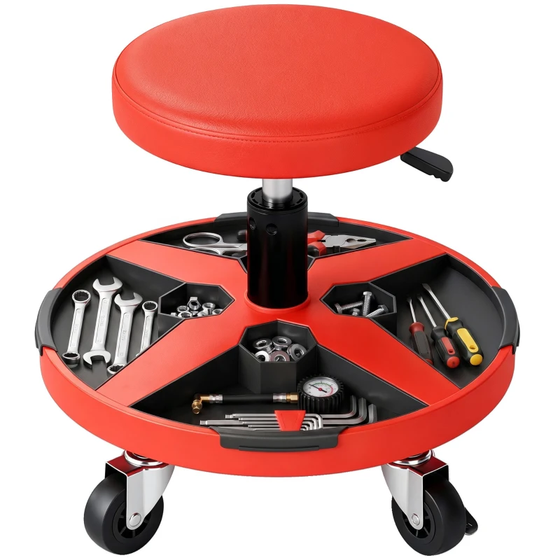 HOMCOM Tabouret d'Atelier Mobile avec Plateau Hauteur Réglable de 40-52 cm Charge 135 kg avec Roulettes pour Garage Rouge