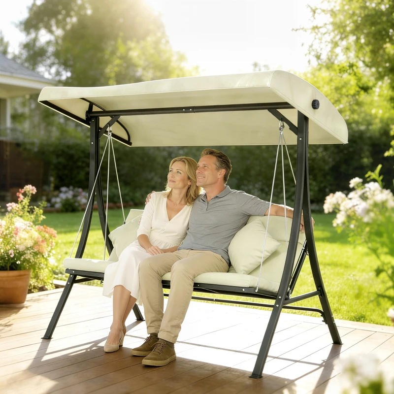 Outsunny Baloiço de Jardim Exterior de 3 Lugares com Toldo Ajustável e Estrutura de Aço 202x115x168 cm Bege