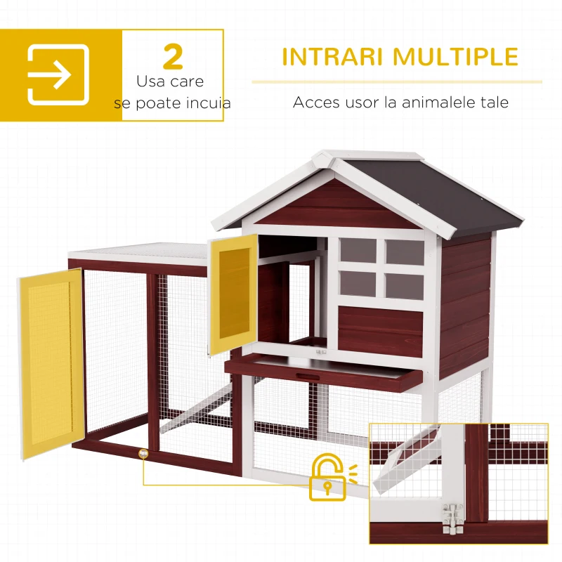 PawHut Cușcă de Exterior din Lemn cu Căsuță pentru Iepuri și Rampă, 122x62.6x92 cm, Maro și Alb(m-5)