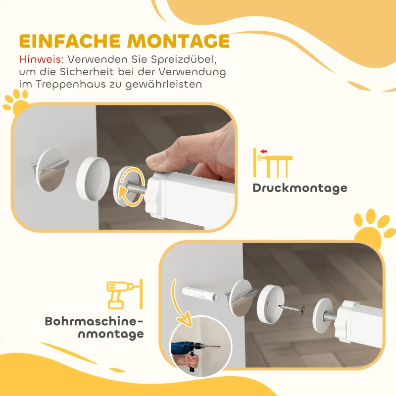 PawHut Treppenschutzgitter Absperrgitter ohne Bohren mit automatische Schließung für Kinder Küche Treppe 76-88 x 76 cm Weiß