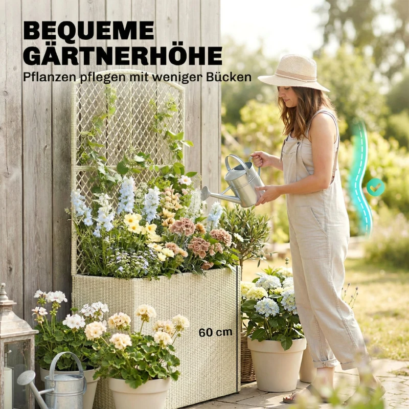 Outsunny Hochbeet mit Rankgitter in Rattan-Optik Pflanzkasten für Kletterpflanzen für Garten, Balkon, 80 x 30 x 163 cm, Beige