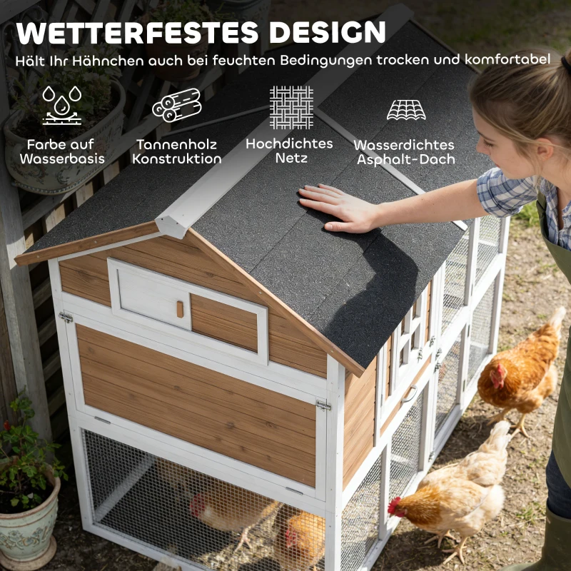 PawHut Hühnerstall Hühnerhaus mit Auslauf Nistkasten herausziehbarem Tablett Asphaltdach für 4 Hühner 200x104x145cm Holz Braun