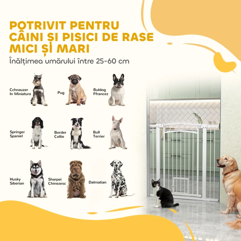 PawHut Poartă Reglabilă pentru Câini 76-104 cm, Înălțime 106 cm, cu 2 Extensii, Albă