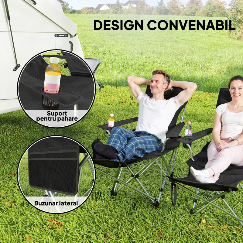 Outsunny Set 2 Scaune de Camping Pliabile cu Suport pentru Picioare Detașabil și Suport pentru pahare, 82x50/100x88 cm, Negru
