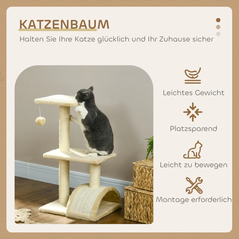 PawHut Kratzbaum 72 cm Katzenturm mit Plüschballen, Sisalstämme, Plattform, Kratzbrett Cremeweiß