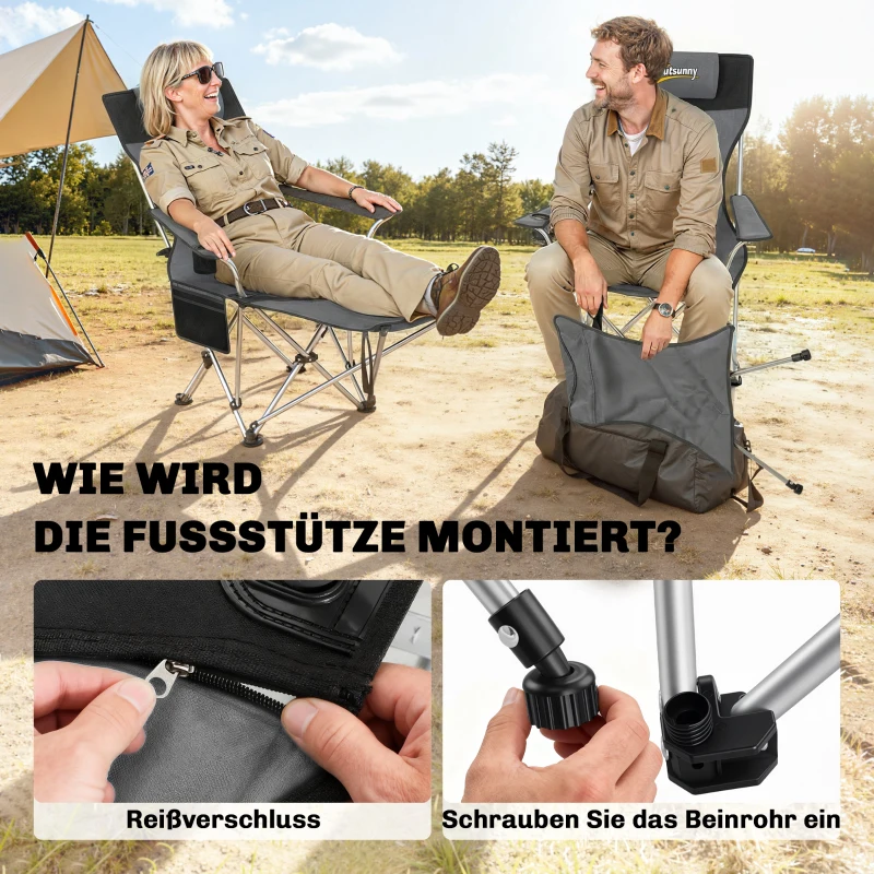 Outsunny 2er Set Campingstuhl faltbar Angelstuhl mit abnehmbar Fußstütze Getränkehalter belastbar 120 kg Grau