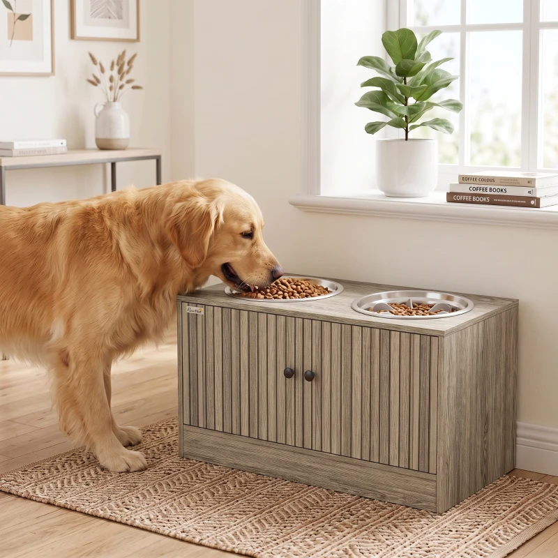 PawHut Hundefutterstation mit 2 Edelstahl-Näpfen, Schrank für Utensilien, für große Hunde, Zubehör, Braun