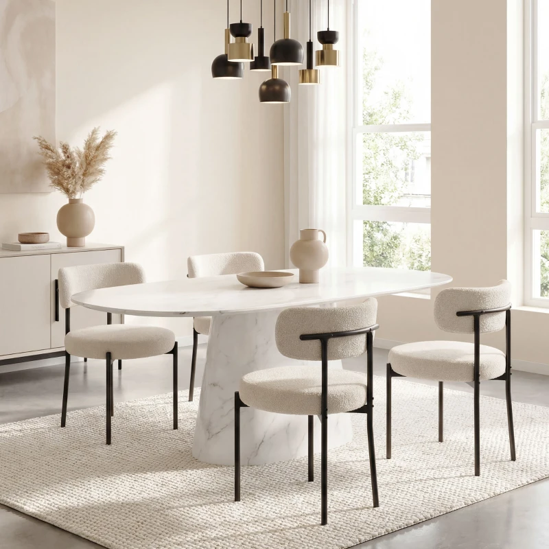 HOMCOM Set mit 4 Esszimmerstühlen Gepolsterte Küchenstühle aus Bouclé-Stoff Geschwungene Rückenlehne Stahlbeine Beige