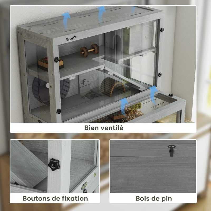 PawHut Cage Hamster en Bois, 3 Niveaux avec Cabane, Roue, Rampes, Panneau Transparent, Espaces Séparés, 80x50x84cm, Gris