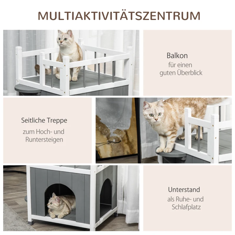 PawHut Katzenhaus mit Balkon Katzenhütte Lodge Outdoor Winterfest Massivholz Grau+Weiß 60 x 46 x 65 cm