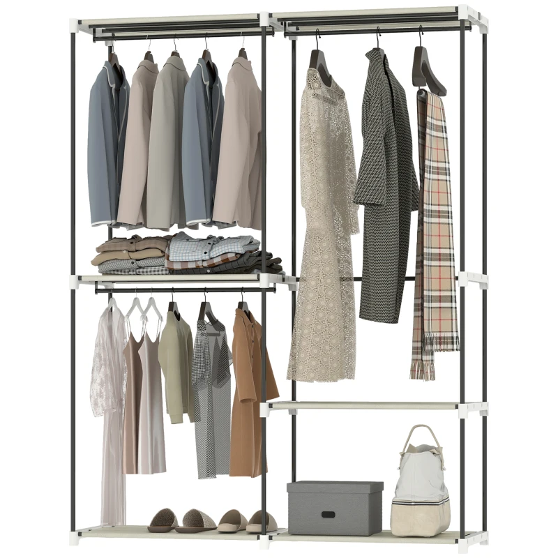 HOMCOM Armário de Roupa Aberto 142x43x185 cm Armário para Roupas com 4 Prateleiras de Tecido 3 Barras para Pendurar Creme