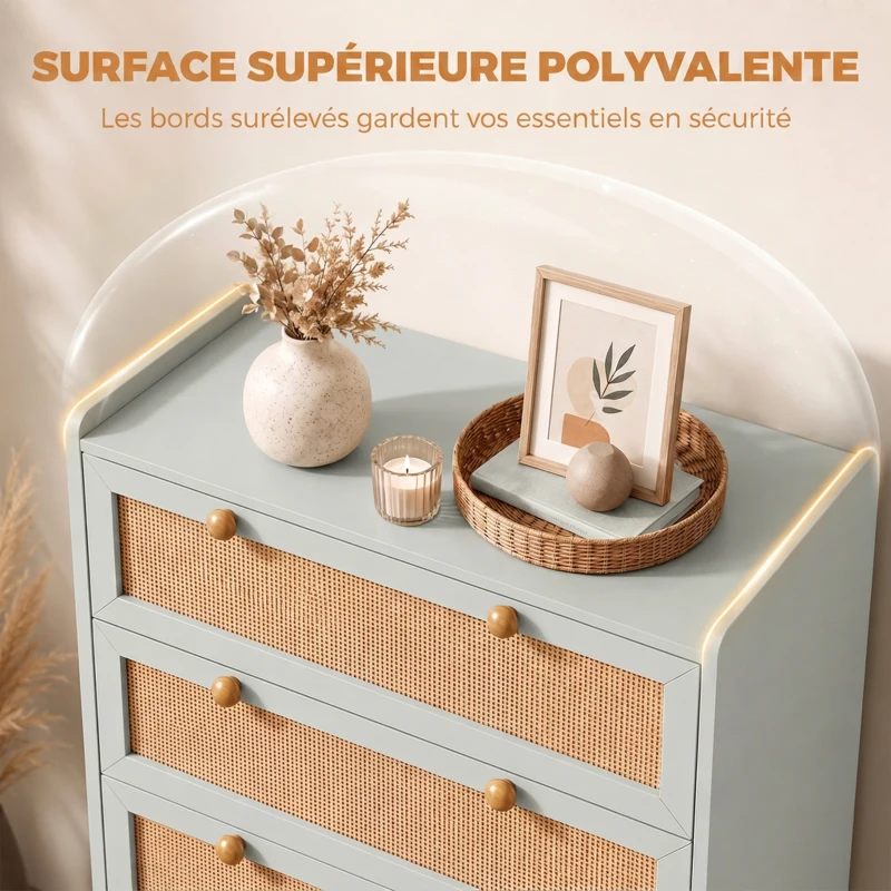 HOMCOM Commode 4 Tiroirs en Bois et Rotin PVC, Style Bohème, pour Chambre à Coucher, Entrée, Couloir, 80x40x109,2cm, Vert Sauge