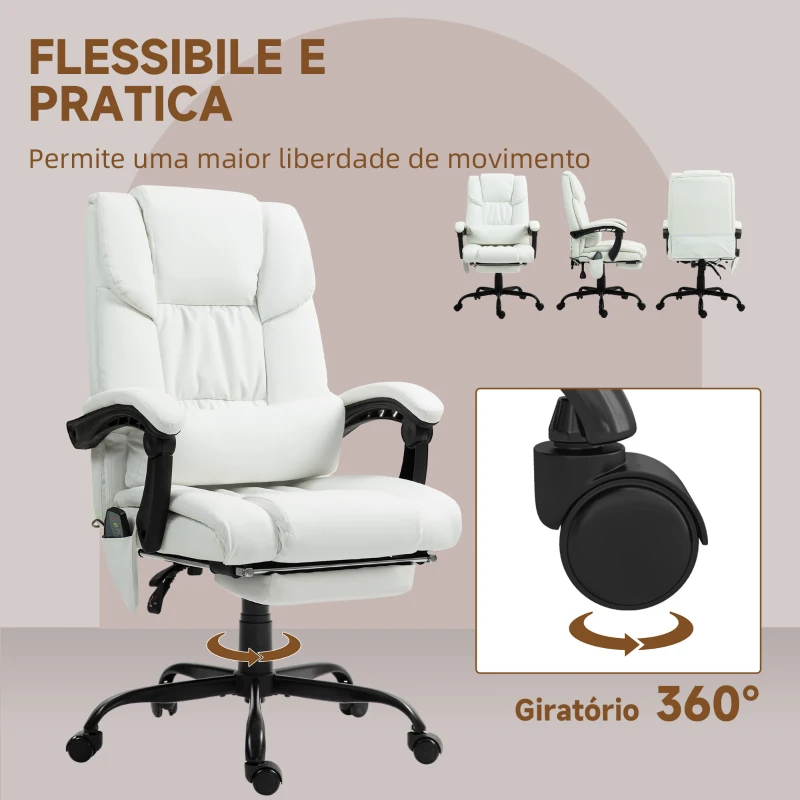 Vinsetto Cadeira de Escritório com Massagem de 6 Pontos Encosto Alto Reclinável Apoio para Pés e Controlo Remoto 66x75x112-122 cm Branco