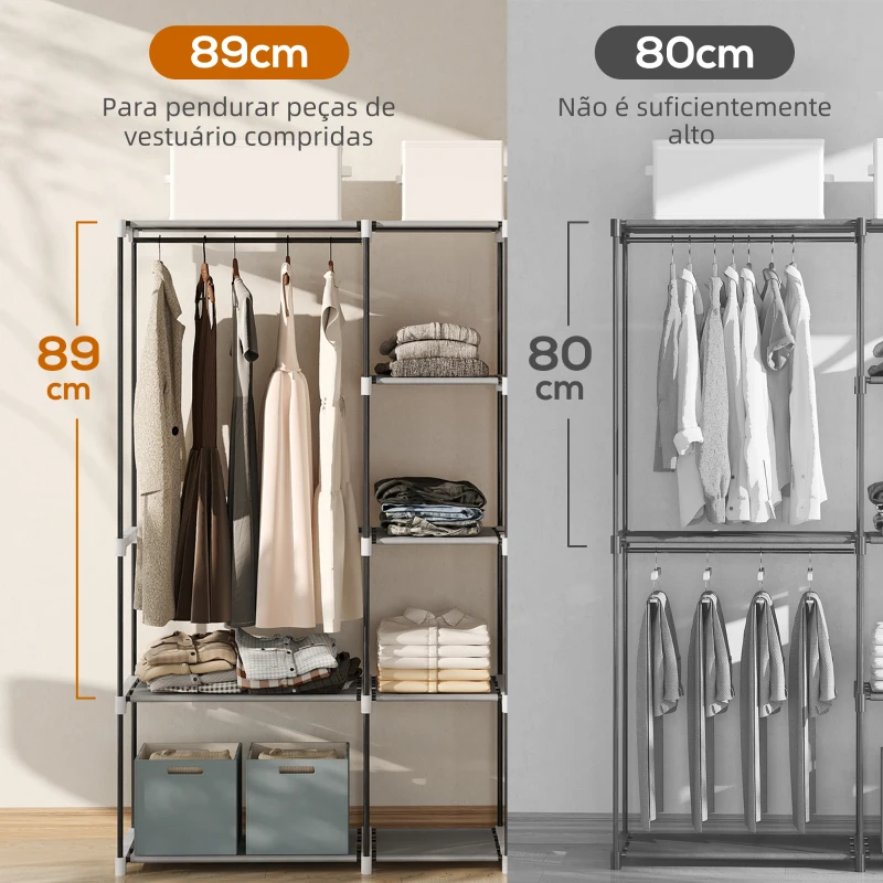 HOMCOM Armário para Roupas 182x43x185 cm Armário Aberto com 8 Prateleiras de Tecido Barras para Pendurar  182x43x185 cm Cinza