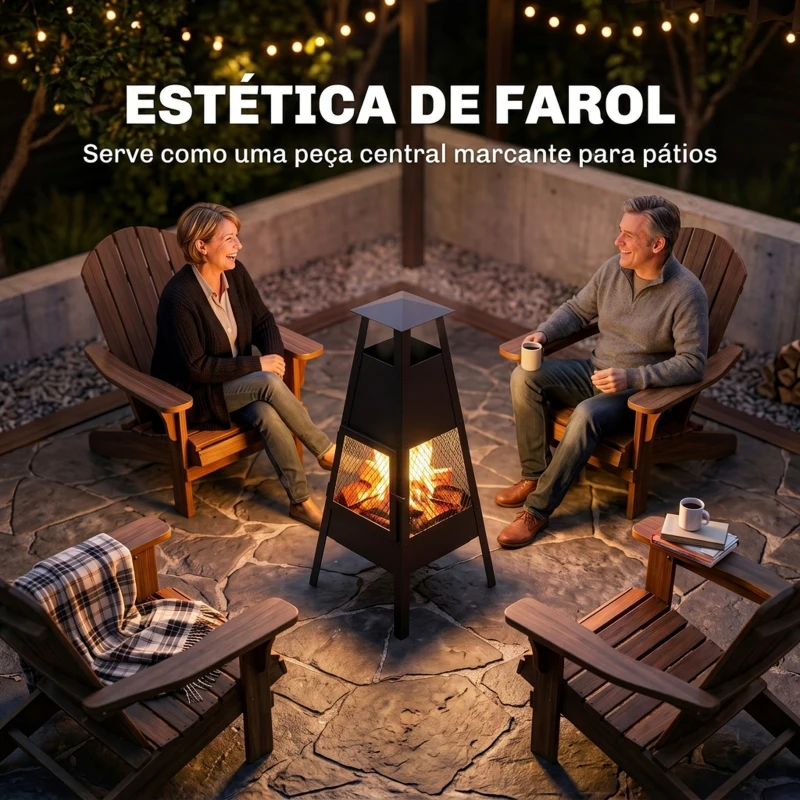 Outsunny Braseiro de Exterior com Chaminé Cónica 41x40,5x97 cm em Aço Carbono com Malha de Proteção para Pátio e Terraço Preto