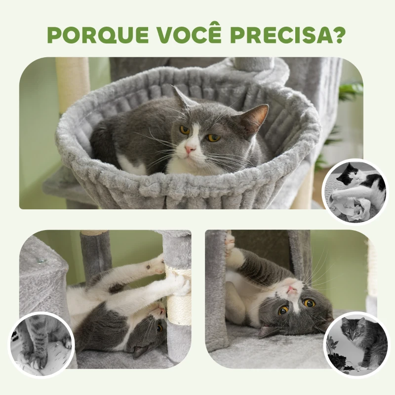 PawHut Arranhador para Gatos Grande Altura 173 cm Torre para Gatos com Plataformas Caverna Bolas Suspensa e Rede Cinza Claro