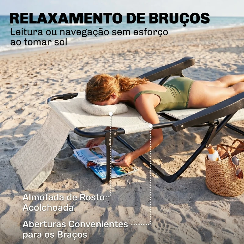 Outsunny Espreguiçadeira de Jardim Dobrável com Encosto Ajustável em 4 Níveis, Orifício de Leitura e Apoio de Cabeça 145x72x89 cm Creme