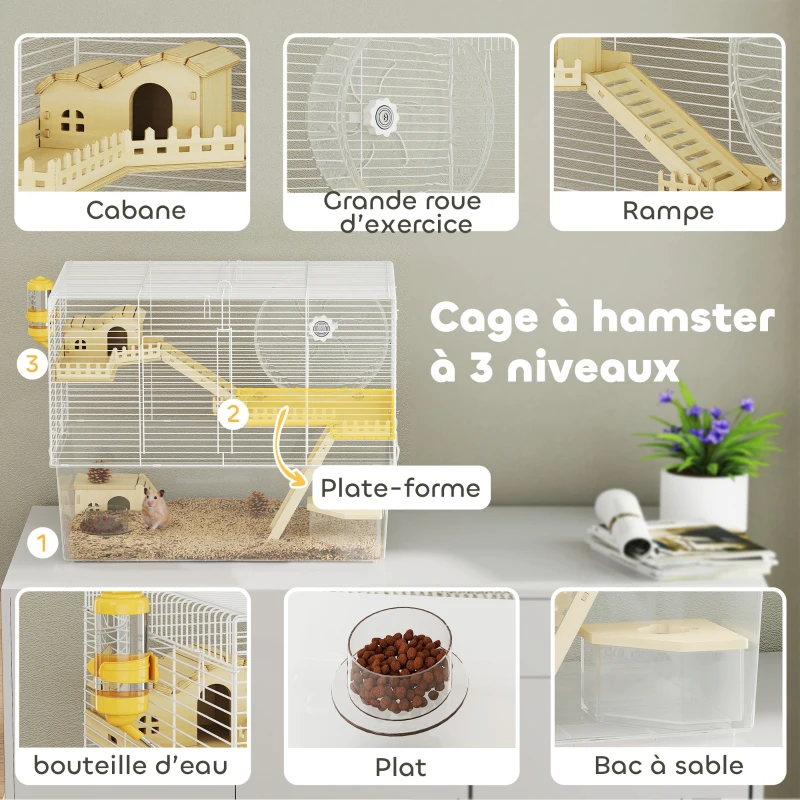 PawHut Cage à hamster à 3 niveaux, cage rongeur avec roue d'exercice, plateau profond transparent, 59 x 35,5 x 47 cm, blanc