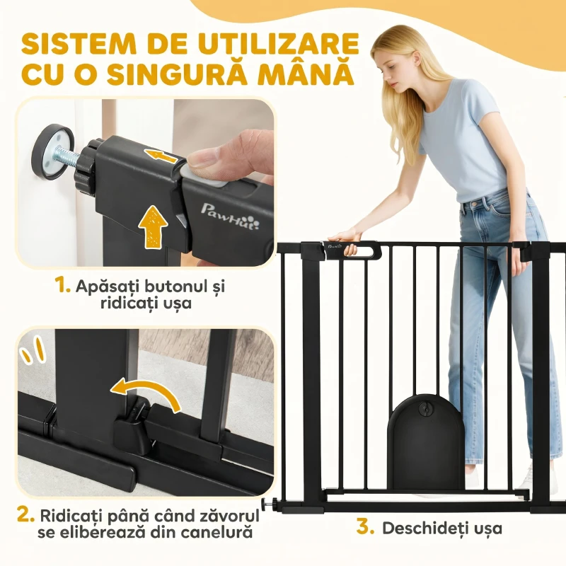 PawHut Poartă Reglabilă pentru Câini cu Ușă Mică și Închidere Automată, 75-103x76cm, Negru